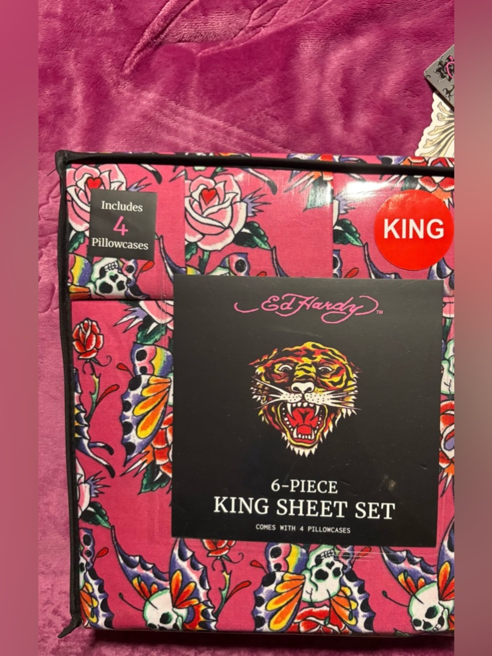 Ed Hardy Pink Floral & Tiger Graphic King Sheet Set